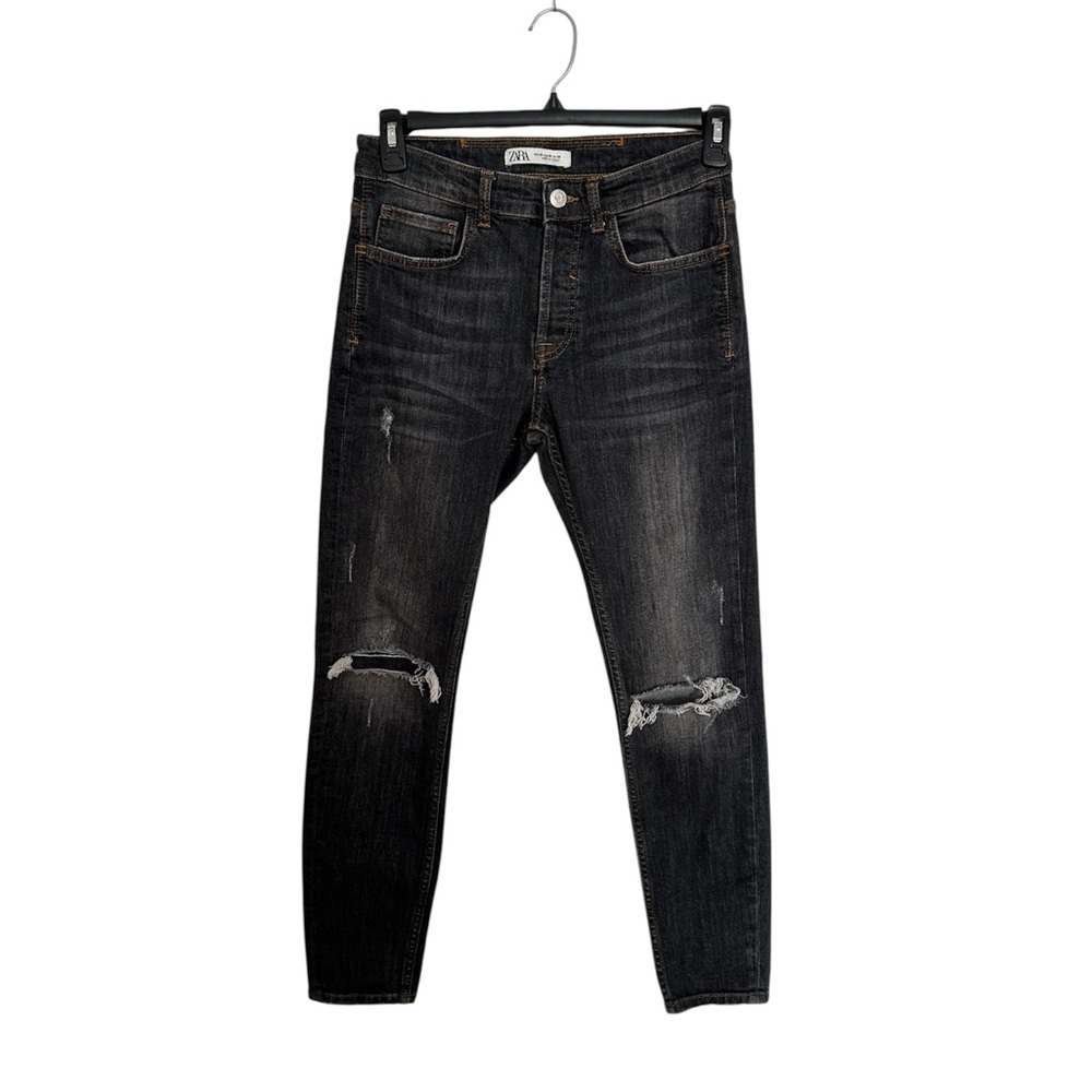 ZARA Distressed Skinny Jeans Size 30 Dark Gray Button Fly High Rise EUC